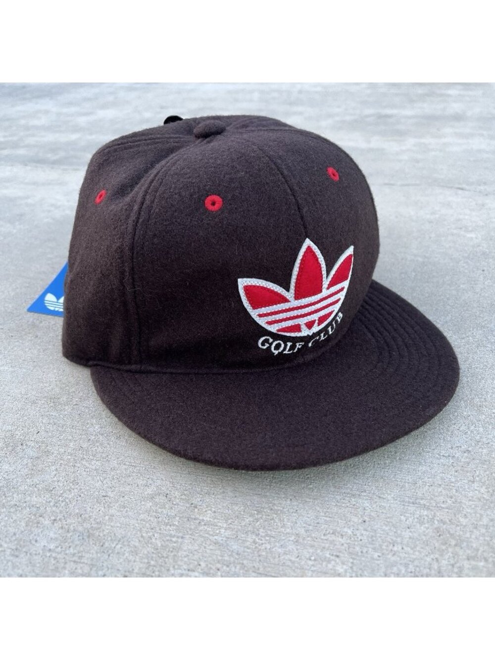 RARE Adidas Originals Golf Club Hat Brown Flat Brim Trefoil Wool Adjustable NEW